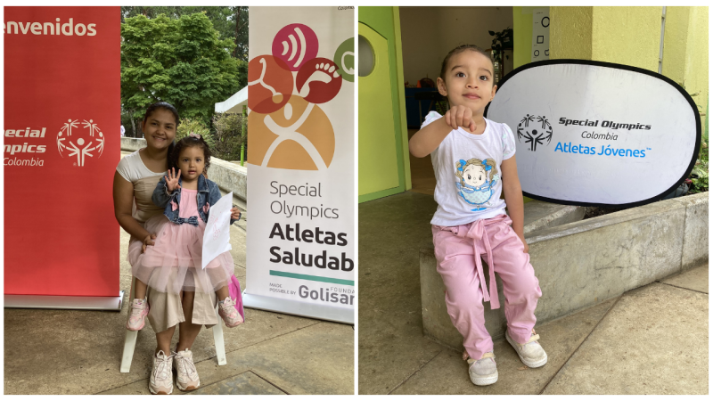 A two-photo collage. The photo on the left shows a mother holding her young daughter in her lap, sitting on a chair in front of two banners. The photo on the right shows a young child sitting down next to a Special Olympics Young Athletes banner.