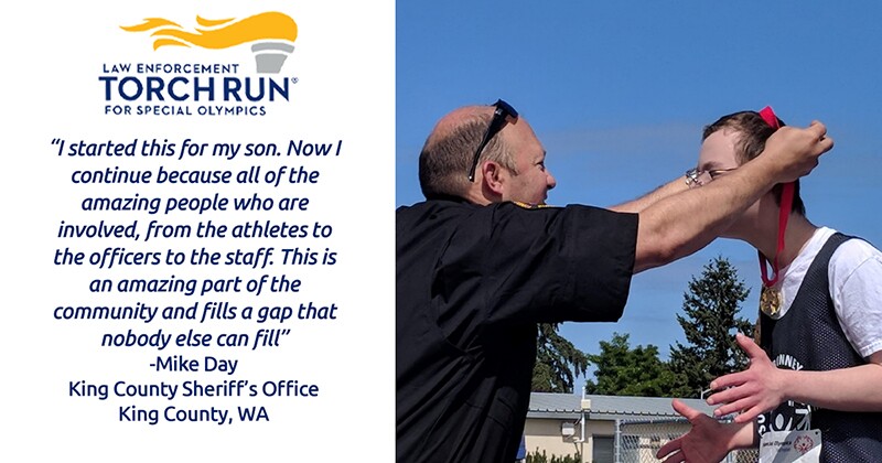Quote on the right with an image on the left of a uniformed officer putting a gold medal around an athletes neck.