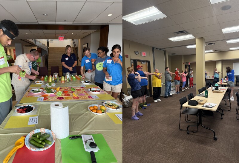A two-photo collage. The photo on the left shows athletes learning about nutrition by preparing healthy food and snacks. The photo on the right shows athletes participating in fitness activities. 