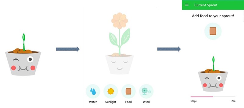 Photo shows the progression from a seedling in a pot to a full grown plant when you feed it with elements like water and sunlight.
