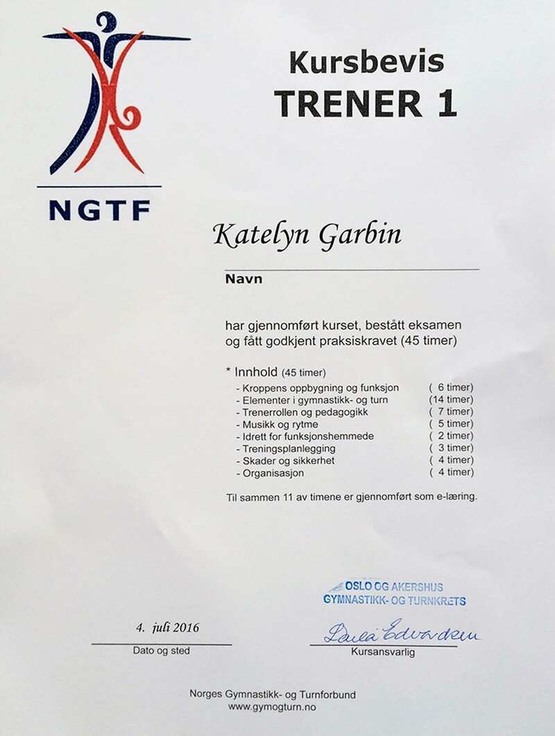A white certificate with writing in Swedish and the name ‘Katelyn Garbin’ on it.