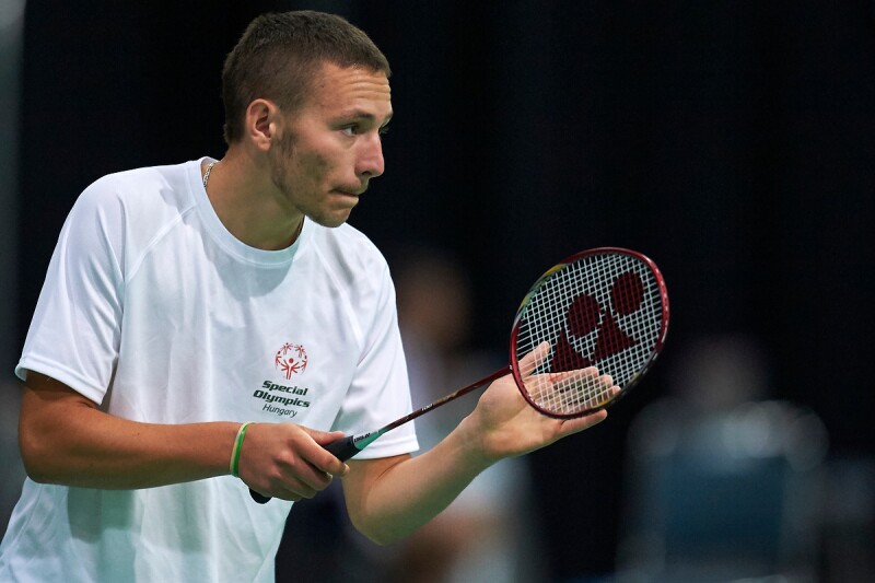 Special Olympics Hungary athlete Gergo Karoly plays badminton at the Special Olympics World Games Los Angeles 2015.