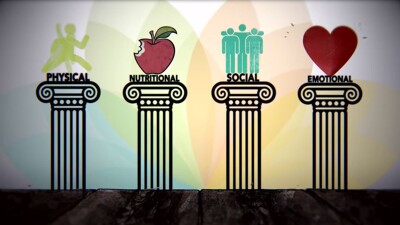 Four pillars with the words: Physical, Nutritional, Social, and Emotional with illustrations above each. 