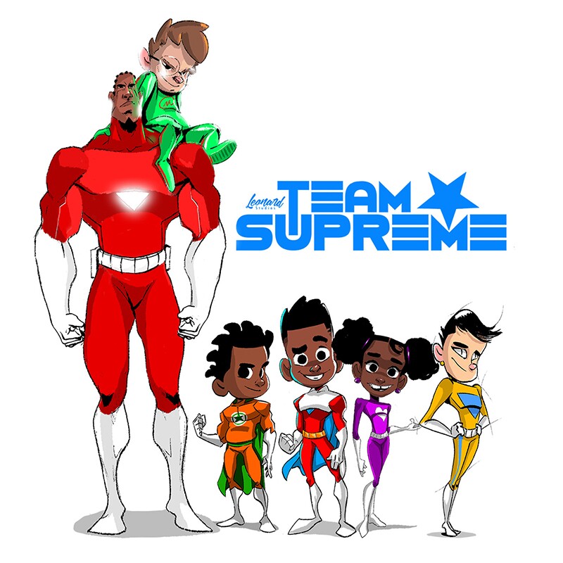 Illustration of one adult male and four young heroes.