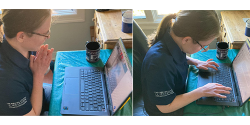 A woman sits at a computer. In the left photo, she is speaking and in the photo on the right she is typing.