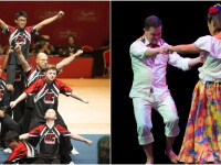 Co-ed cheer team on the left comprised of 6 athletes. two dancers on the right, one male and one female; he's dressed in all white and she has on a white top and a flower print ankle length dress. 