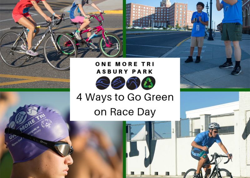 Special Olympics athletes cycling, cheering, and swimming with text ‘One More Tri Asbury Park: 4 ways to Go Green on Race Day’. 