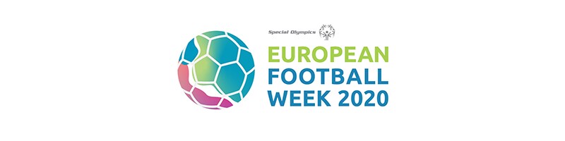 European Football Week 2020 logo. A colorful football on the left with the Special Olympics logo on the right along with text that reads: European Football Week 2020