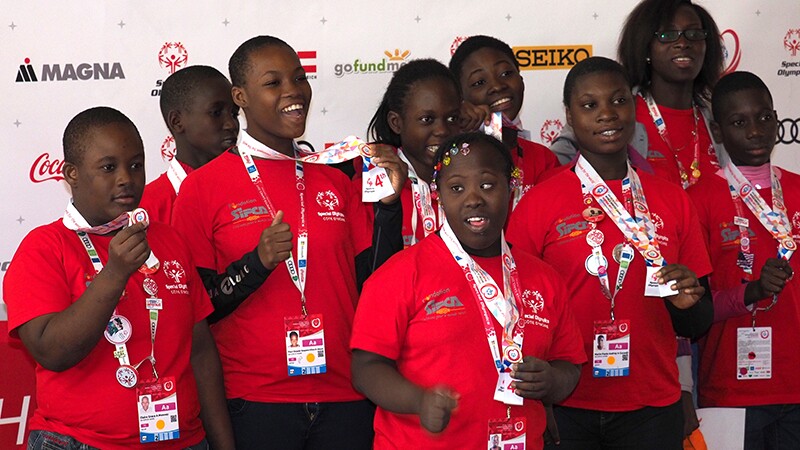 Young female and male athletes with Special Olympics Cote d’Ivoire’s floorball team at the most recent World Winter Games in Austria.