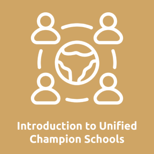 Illustration of four people with lines connecting them around the planet; text reads, "Introduction to Unified Champion Schools"