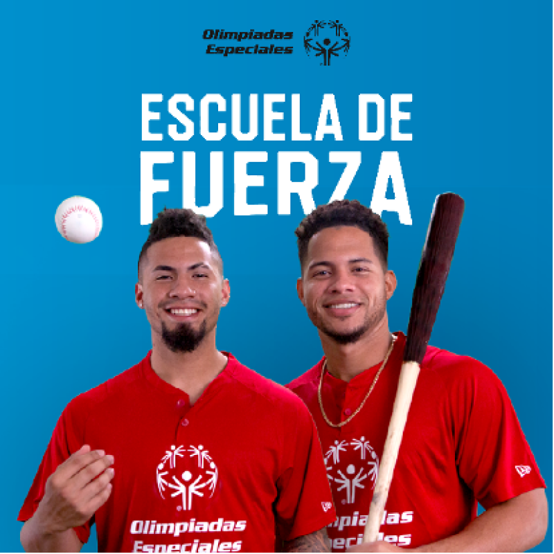 Special Olympics ambassadors, Gleyber Torres and Willson Contreras, pose with a baseball and bat for Escuela de Fuerza marketing photo.
