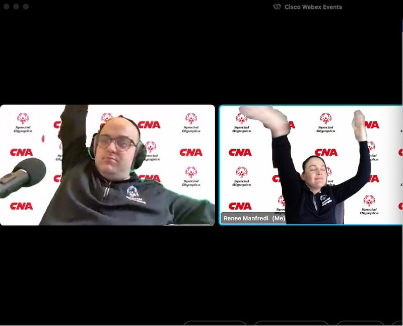 Two individuals appear on a Zoom screen. They are stretching.