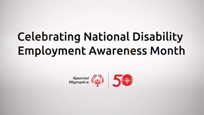 Text reads: Celebrating National Disability Employment Awareness Month; followed by the Special Olympics 50th anniversary logo. 