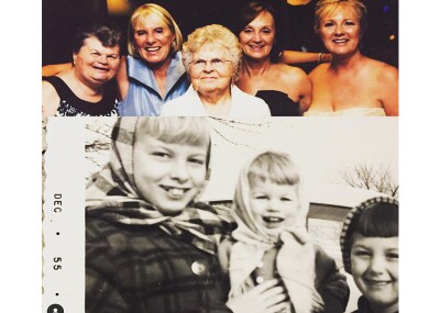 Family image of 5 women on top and three siblings on bottom.