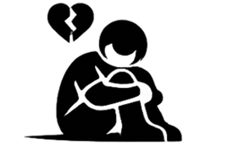illustration of a person sitting down with a broken heart above them. 