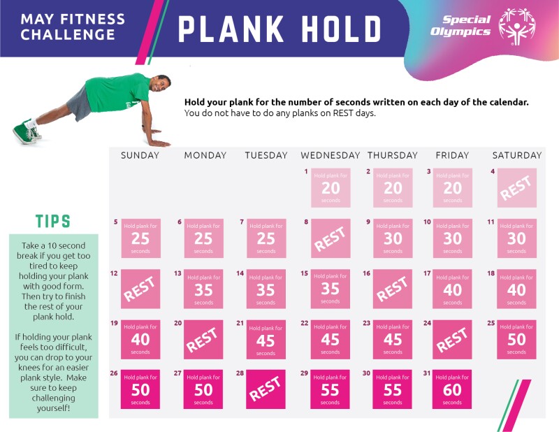 May Fitness Challenge Plank Hold calendar. Athlete in the top left holding a plank and a calendar of May 2019 takes up the rest of the image.