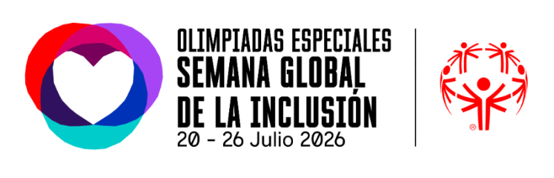Banner de la Semana Global de la Inclusión de Olimpiadas Especiales. A la izquierda aparece un símbolo con forma de corazón creado por cintas de colores rojo, morado, azul y turquesa. En el centro se lee: "Olimpiadas Especiales – Semana Global de la Inclusión – 20–26 Julio 2026". A la derecha figura el logotipo rojo de Olimpiadas Especiales sobre fondo blanco.