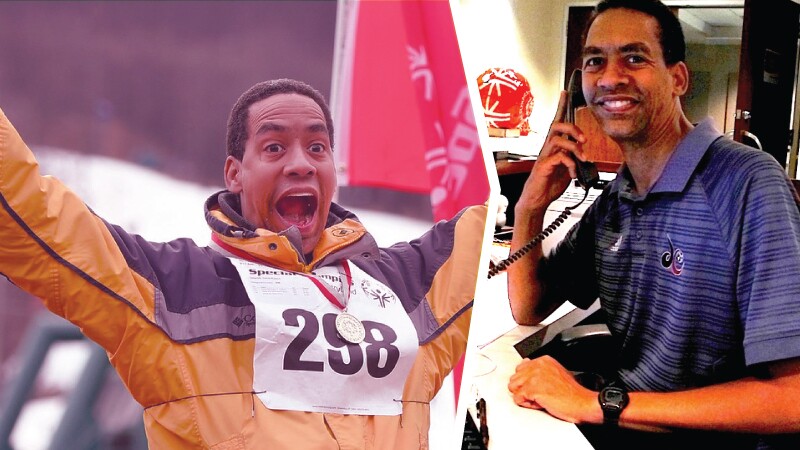 A split image of Terrel cheering on the left and Terrel answering the phone on the right.