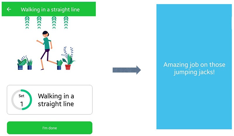 The picture shows a screenshot of an animated character performing at exercise with a timer showing how much longer the exercise should be performed followed by an encouraging message users will receive at the end of the exercise.