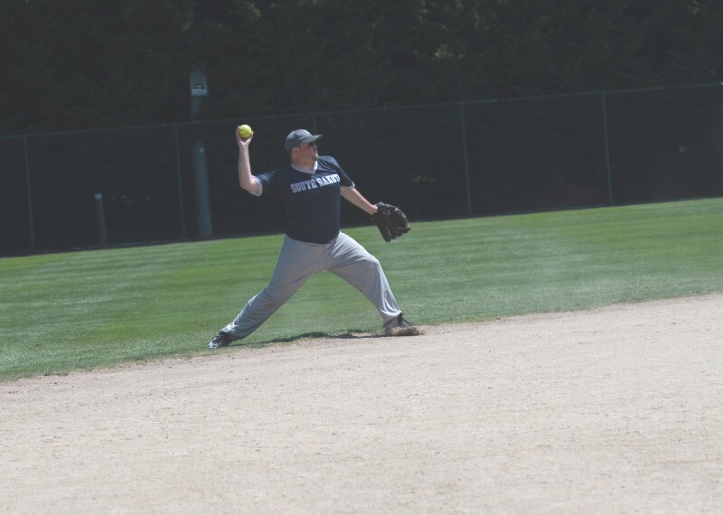 Male softball player preparing to throw the ball.