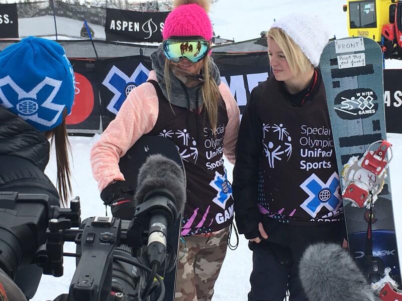 Hannah Teter and Daina Shilts during Special Olympics/ESPN Game Changer series interview after the competition.