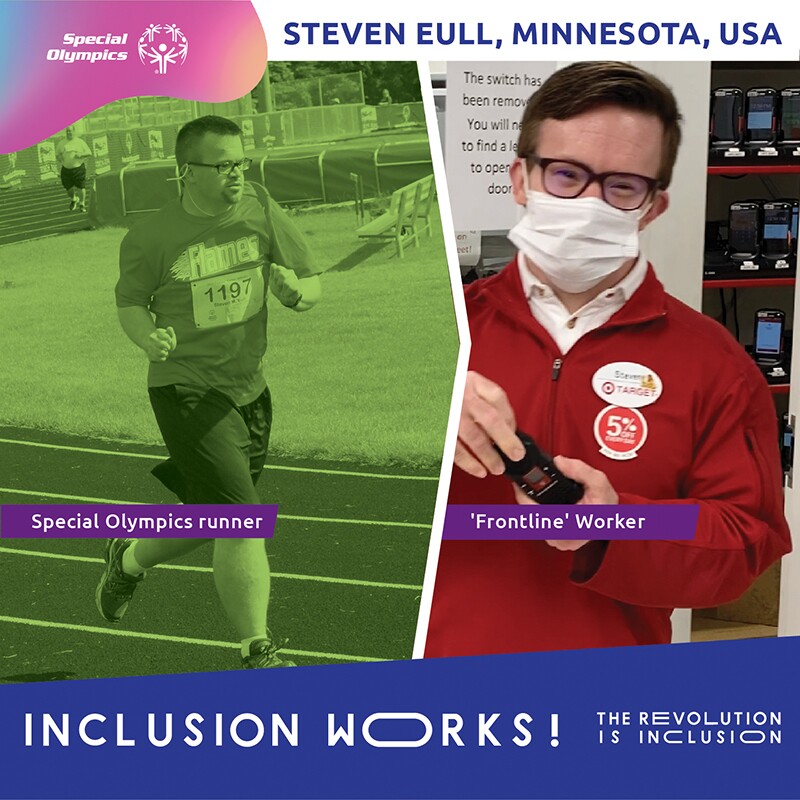 On the left is Steven running and on the right is Steven working at Target. Text at the bottom reads: Inclusion Works! The Revolution is Inclusion.