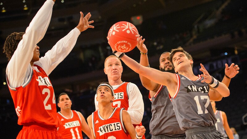 Special Olympics Belgium athlete Cedriek Beerten (No. 17) reaches for the ball during the 2015 NBA Cares Unified Basketball Game at Madison Square Garden in New York City.