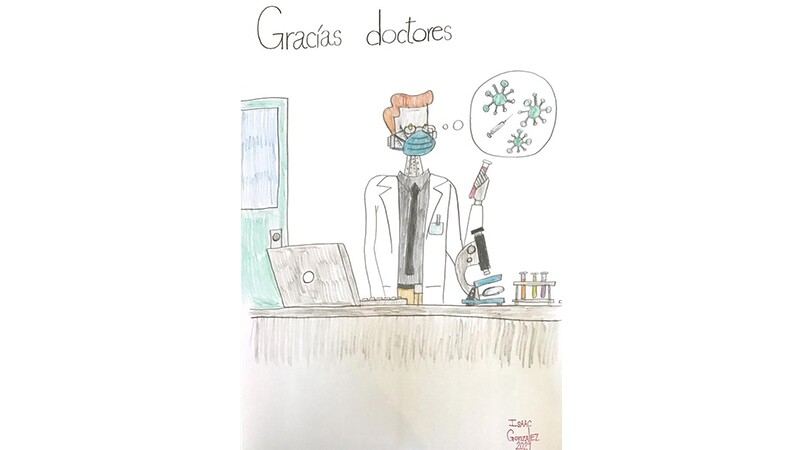 Un robot científico con corbata y bata blanca investiga al COVID-19 para encontrar una cura.