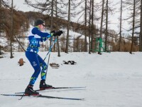 A man cross country skis in a competition. A mountainside and many trees are visible