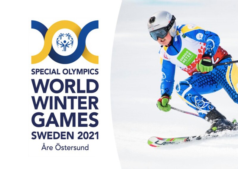 Logo for the Special Olympics World Winter Games Sweden 2021 accompanied by a photo of a skier in motion on the snow. 