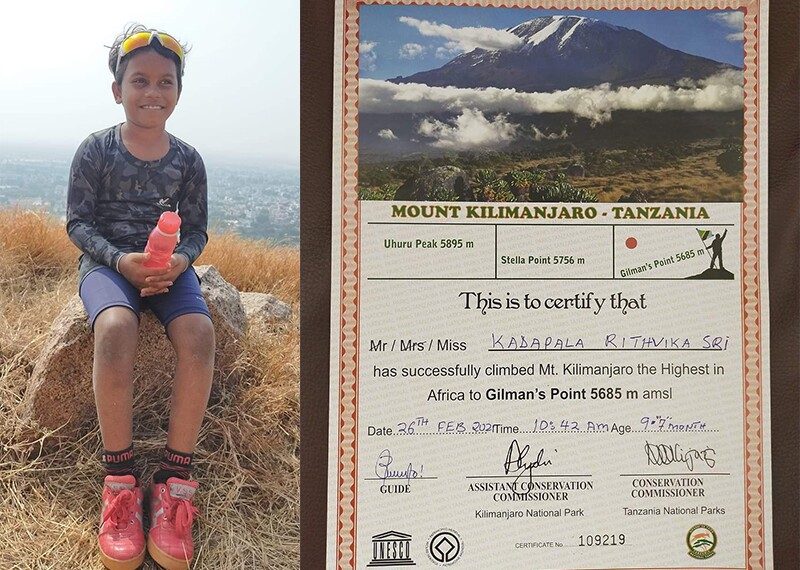 Rithvika Sri sits on a rock during her Mount Kilimanjaro climb and photo of the certificate Rithvika received after climbing Mount Kilimanjaro.