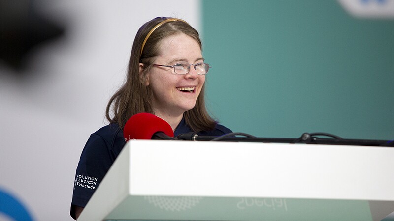 Hanna Joy Atkinson speaking at the Special Olympics World Winter Games Abu Dhabi 2019.