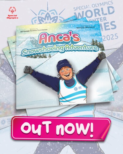 An image of a children's book called 'Anca's Snowshoeing Adventure' with the text 'Out Now'. 