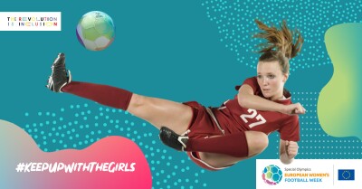 A cut-out of a girl jumping in the air to kick a ball with a colourful graphic background.