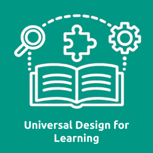 Icon of an open book with a magnifying glass, puzzle piece, and cog above; text reads, "Universal Design for Learning (UDL)"