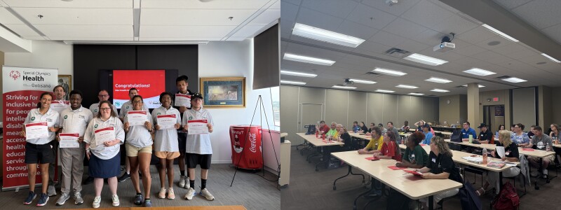 A two-photo collage. The photo on the left includes a group photo of athletes standing for a group photo and holding individual certificates. The photo on the right shows a classroom setting with athletes and mentors sitting down as they listen to a presentation.
