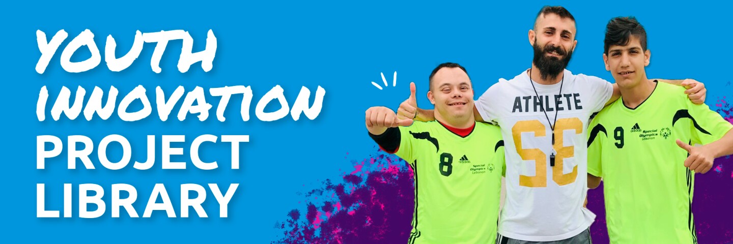 A group of three young mean pose for a photo. The background of the image says "Youth Innovation Project Library"