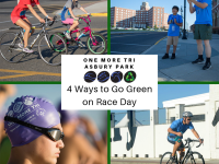 Special Olympics athletes cycling, cheering, and swimming with text ‘One More Tri Asbury Park: 4 ways to Go Green on Race Day’. 