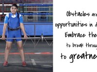 Young woman deadlifting. Text reads: Obstacles are opportunities in disguise. Embrace them to break through to greatness. 