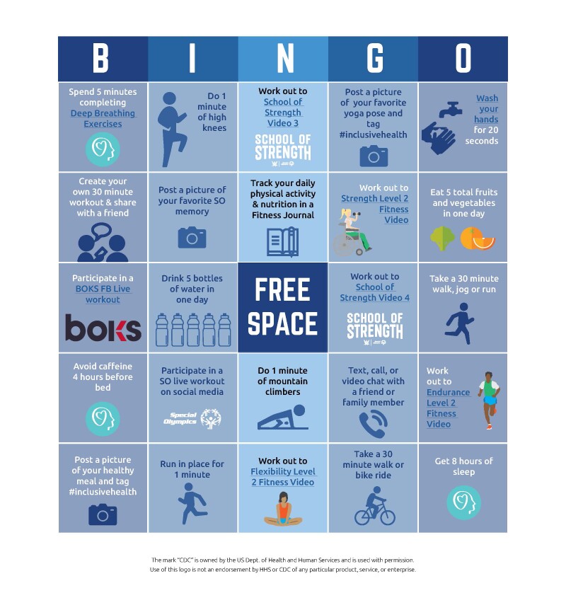 image of a bingo card with different workouts in each block. 