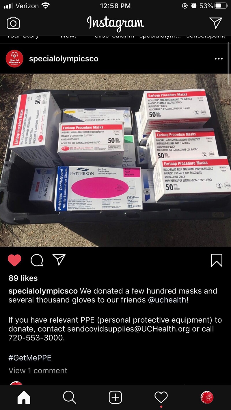 Instagram photo of donations from Special Olympics Colorado to a hospital for COVID-19.