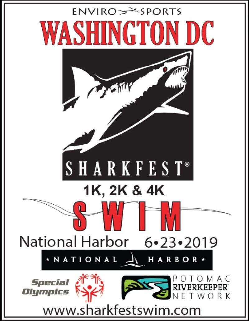 Poster announcing the 2019 DC Sharkfest Swim taking place in the waters of Washington D.C.'s National Harbor on June 23, 2019.
