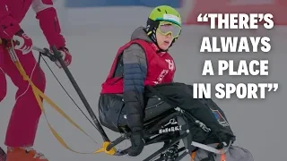 a person on a ski apparatus for a disabled person, and a person behind him guiding it downhill. text reads: "there's always a place in sports." 