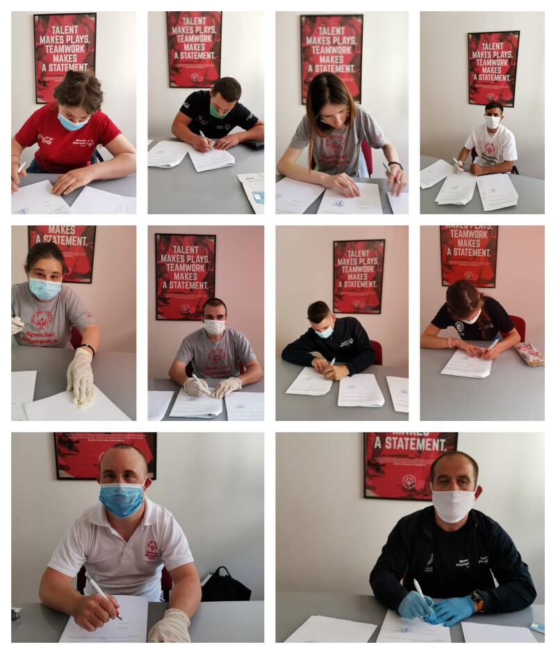 10 athletes signing documents in individual images.