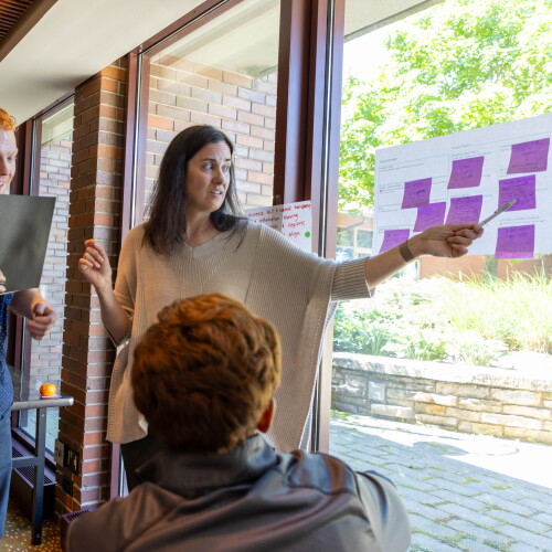 A group of four people working on post it notes stuck to a window