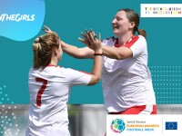 A cut-out photo of two female footballers high-fiving with colourful graphics in the background. 
