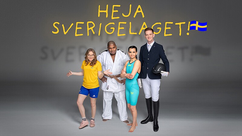 Four athletes in the foreground with text behind them that reads: Heja Sverigelaget! with an illustration of the Swedish National Flag.