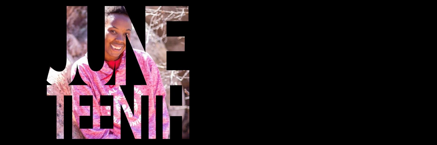 Juneteenth text over an image of a young woman.
