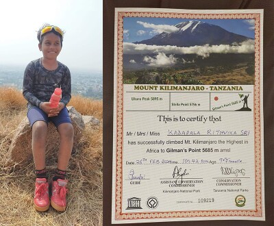 Rithvika Sri sits on a rock during her Mount Kilimanjaro climb and photo of the certificate Rithvika received after climbing Mount Kilimanjaro.