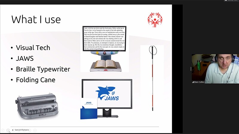 Ben in a zoom meeting; pictured is Visual Tech, JAWS app, Braille Typewriter, and a folding cane. 